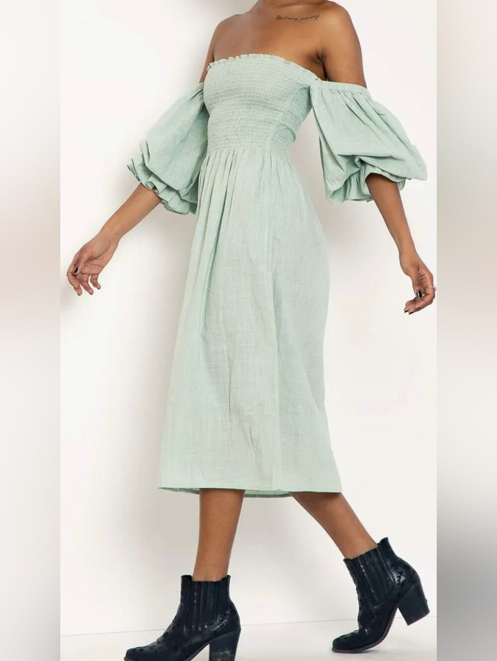 NWT Black Milk Sage Green Smoked Linen Blend Puff sleeve Midi Dress AU 8